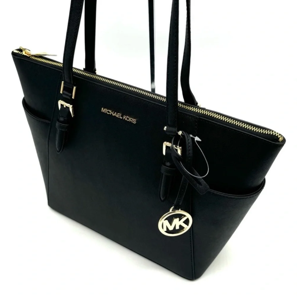 Michael Kors Large Charlotte TZ Tote Bag & Large Trifold Wallet Black/Gold - Picture 6 of 14
